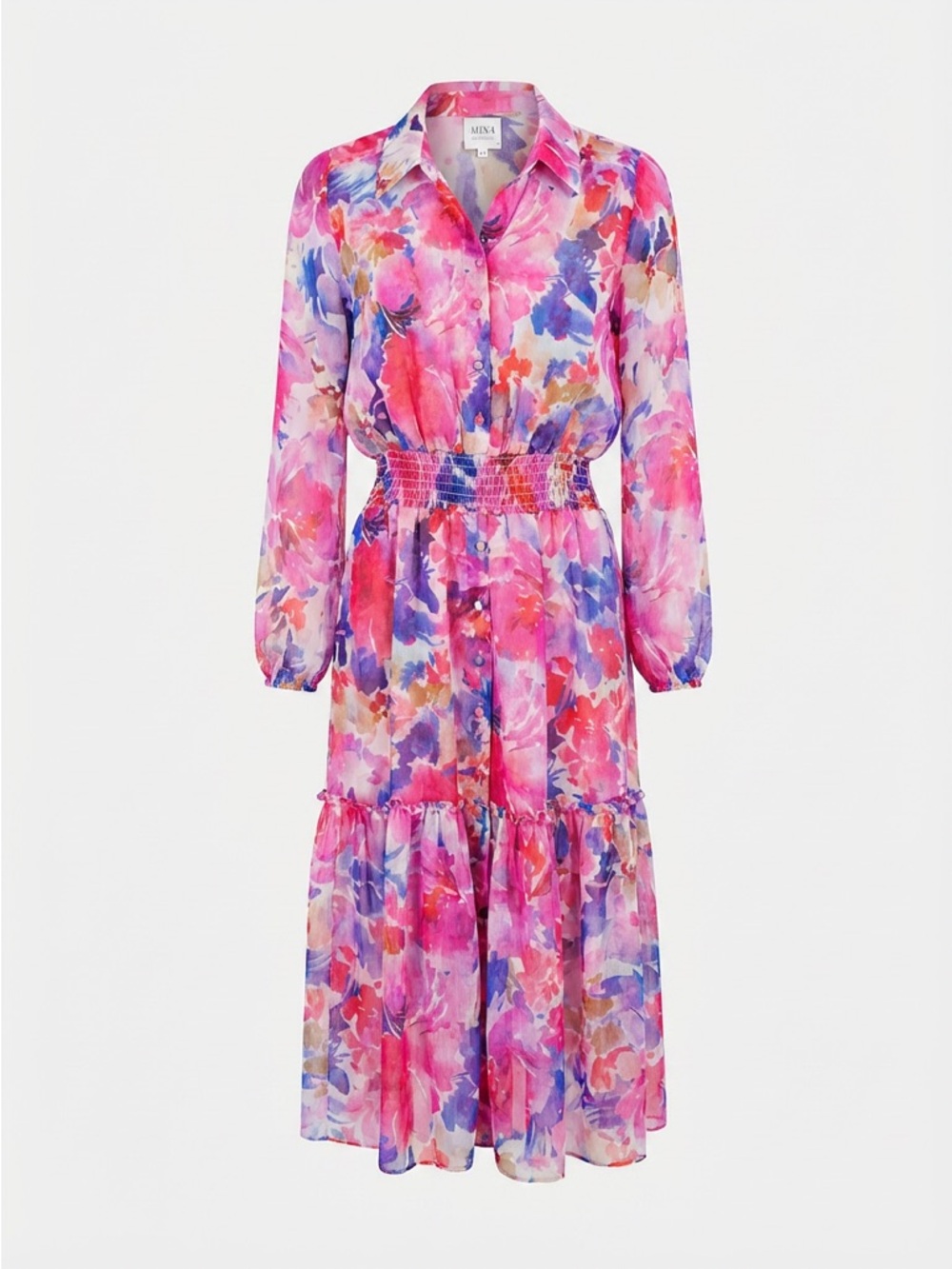MISA Los Angeles Floral Mini Dress Smocked Waist Button Front Ruffle XS FLAWED